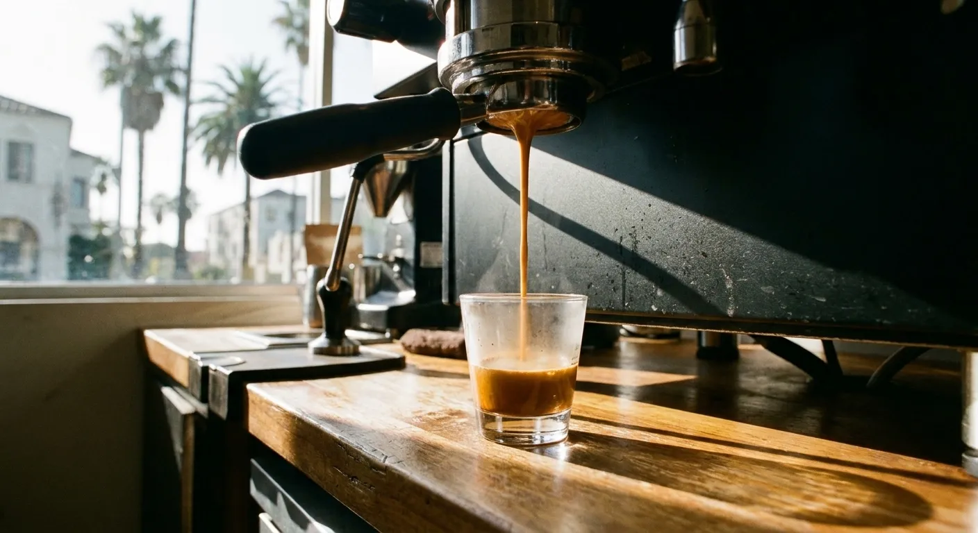 An espresso being pulled into a small glass on a cafe counter with sunlight across it