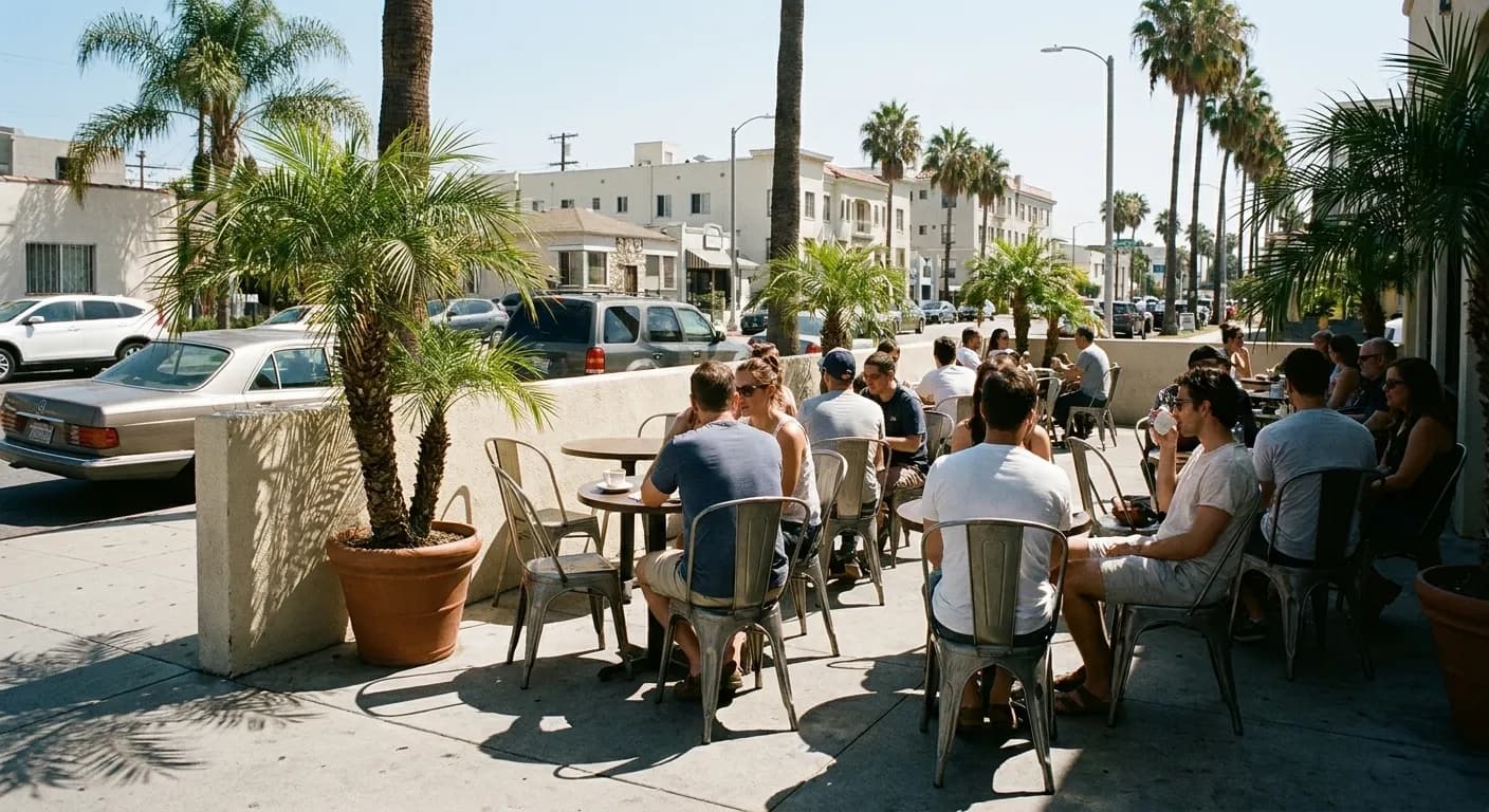 An outdoor cafe patio in Los Angeles with metal chairs, potted palms and sharp midday shade