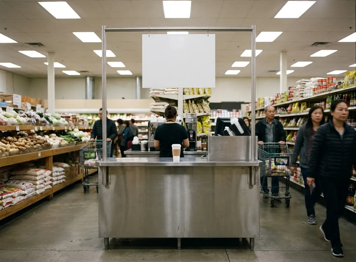 A plain market coffee counter inside a large grocery hall, a paper cup on a steel counter and shoppers passing behind under bright ceiling light