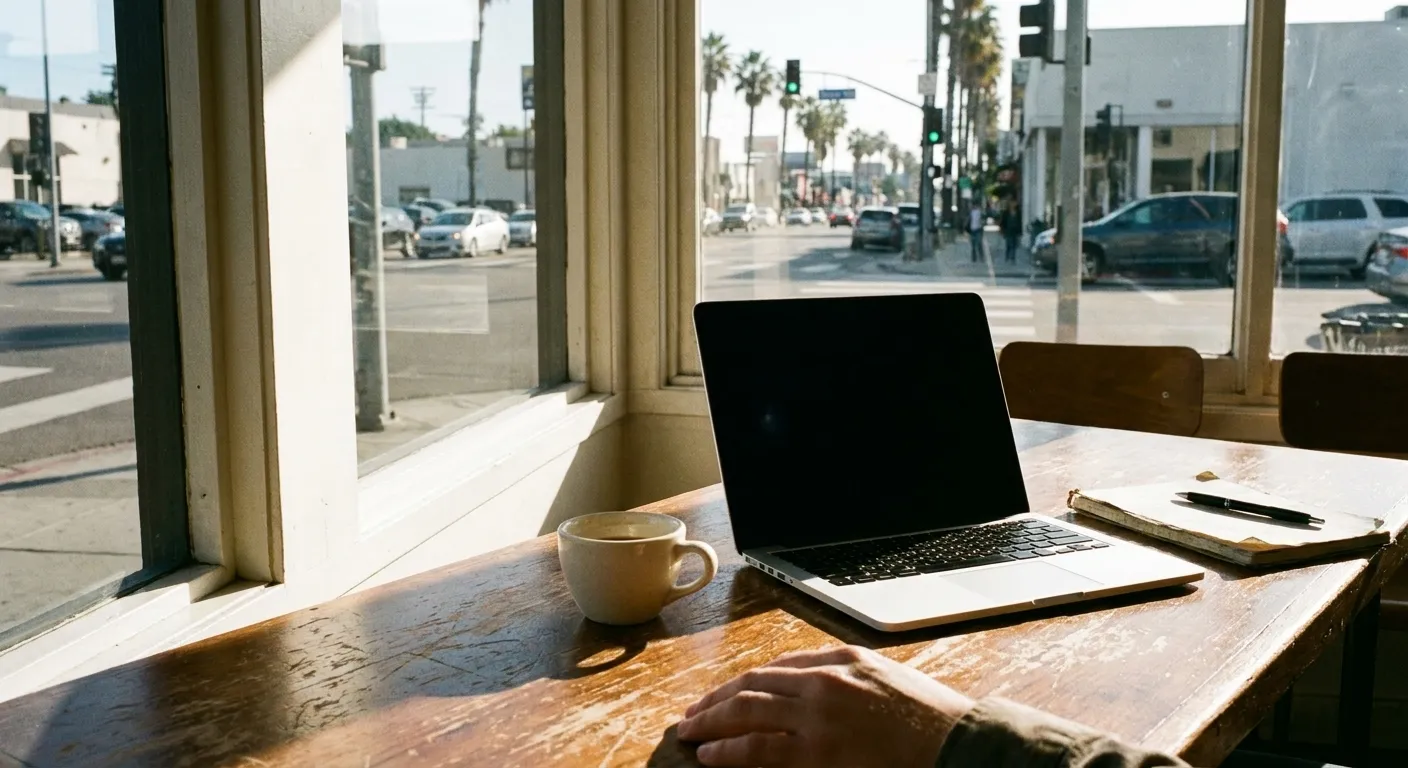A laptop and a coffee cup on a wooden cafe table beside a window