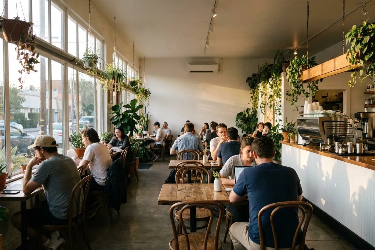 A busy Los Angeles neighbourhood cafe in the afternoon with customers at tables and a counter at the back