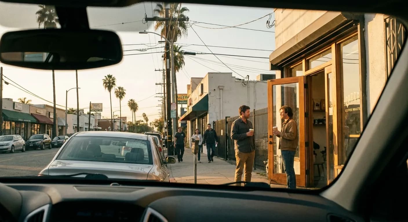 A view through a car windscreen on an LA street in late afternoon, low sun, a small roastery storefront with an open door visible ahead on the right