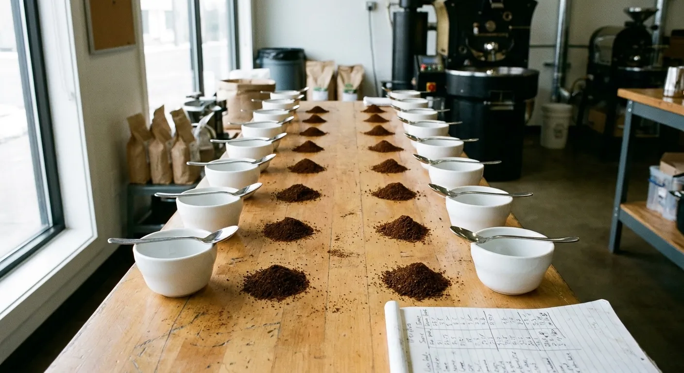 A coffee cupping table in a roastery, a row of identical white cups with spoons resting across them and small piles of ground coffee beside each, shot from overhead in clean north light