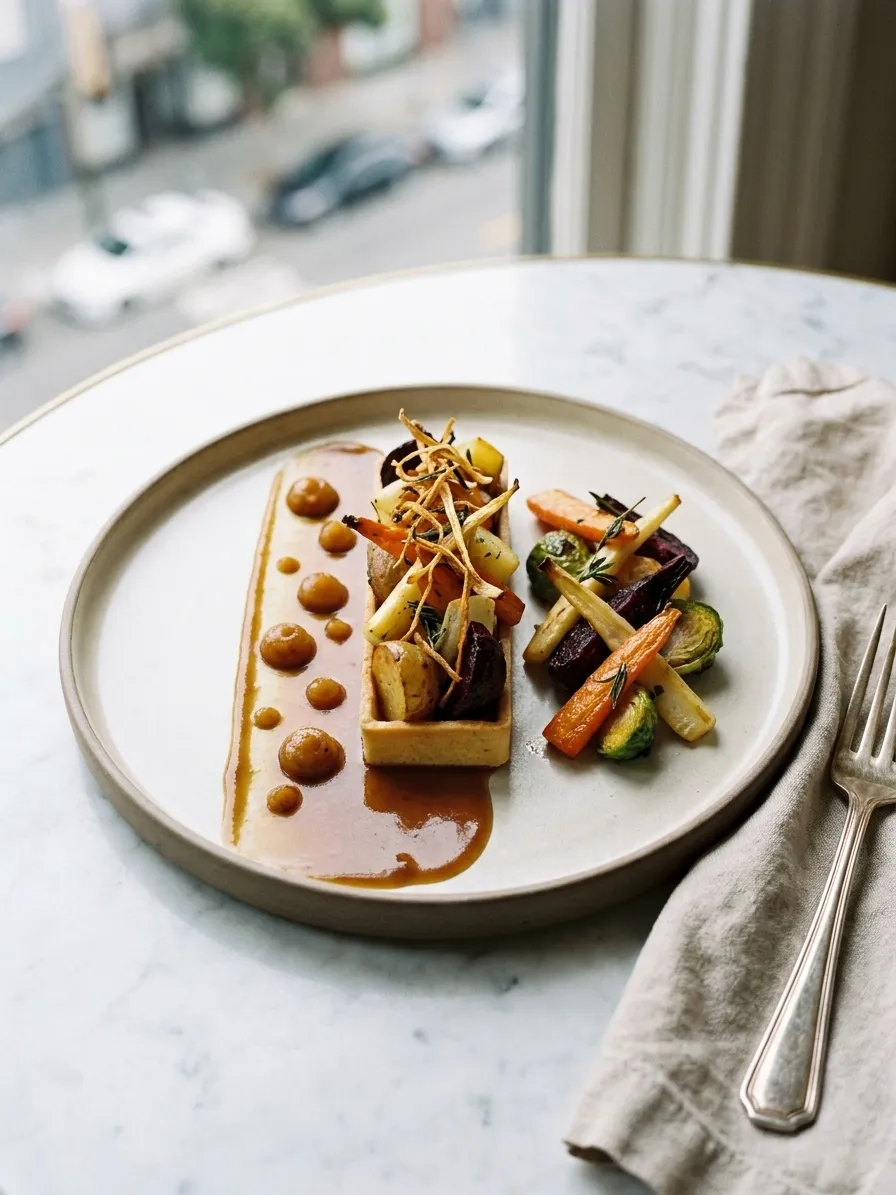 A plated dish of vegetables and sauce on a ceramic plate seen from above on a marble table