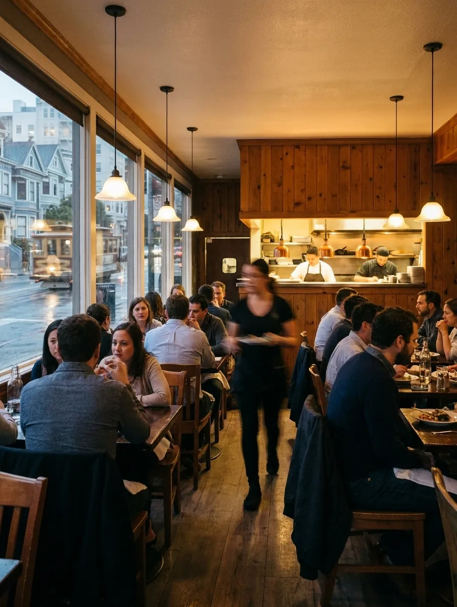 A full neighbourhood restaurant dining room in San Francisco during evening service, seen from the back of the room
