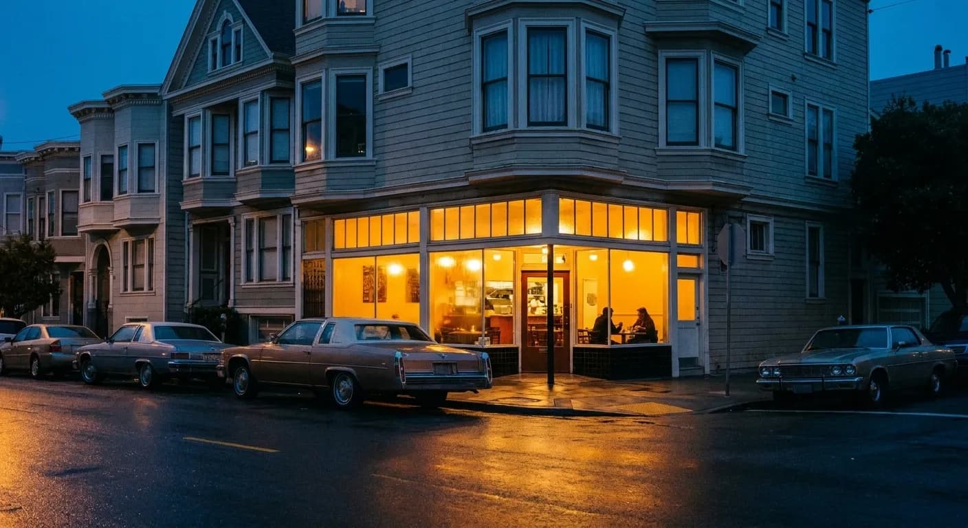 A small neighbourhood restaurant seen from across a San Francisco street at dusk, warm light spilling from the windows onto parked cars