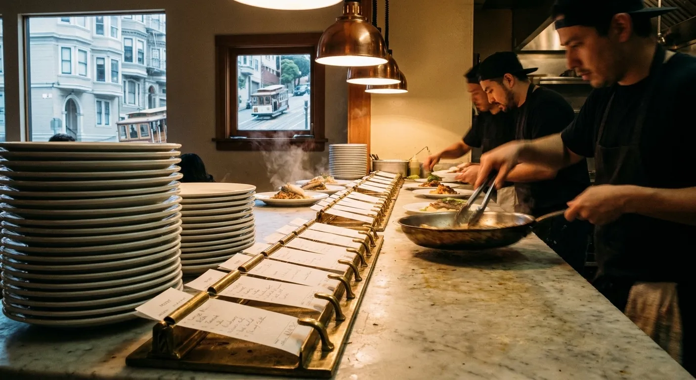 The pass of a small restaurant kitchen mid-service seen from the dining room, two cooks plating under warm work lights with stacked white plates and ticket rails in the foreground