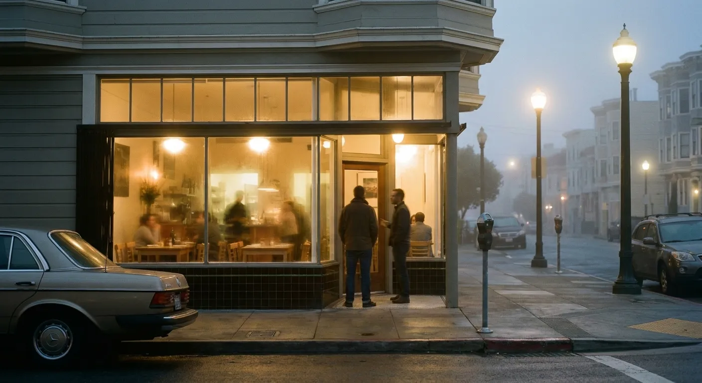 A small neighbourhood restaurant front at dusk with warm light spilling onto the pavement