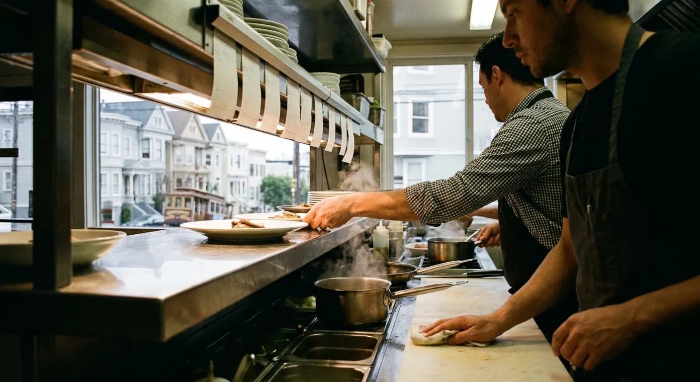 Cooks working the pass in a small San Francisco neighbourhood restaurant during evening service
