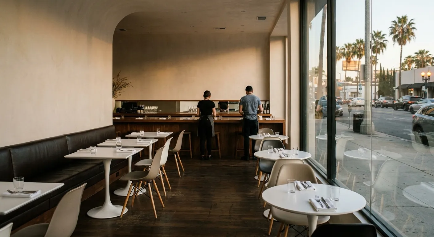A newly opened restaurant dining room with pale walls, banquettes and a bar at the back