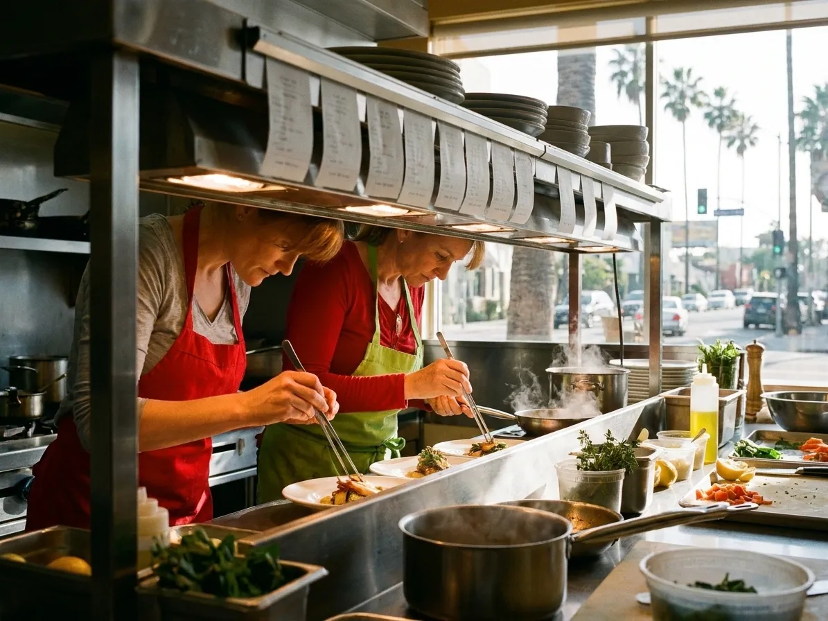 An open kitchen pass in a Los Angeles restaurant with two cooks plating under heat lamps during service
