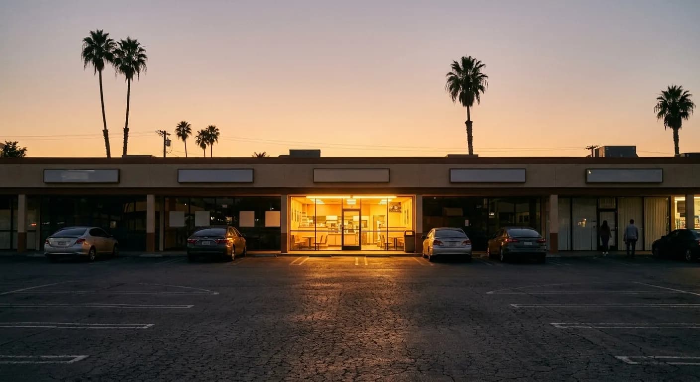 A lit restaurant sign glowing above a strip mall car park at dusk