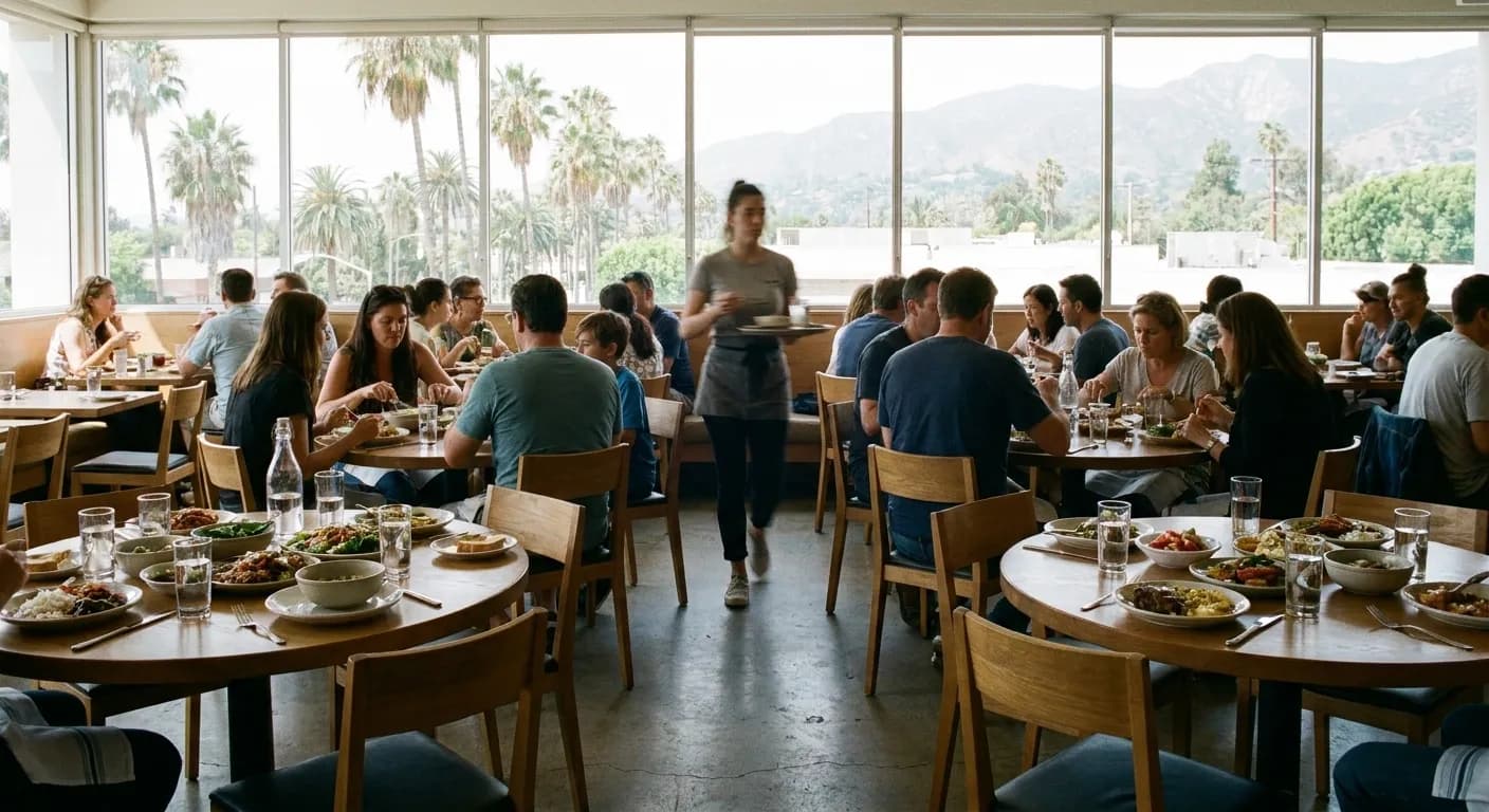 A full Los Angeles dining room with families at round tables and a server moving through the frame