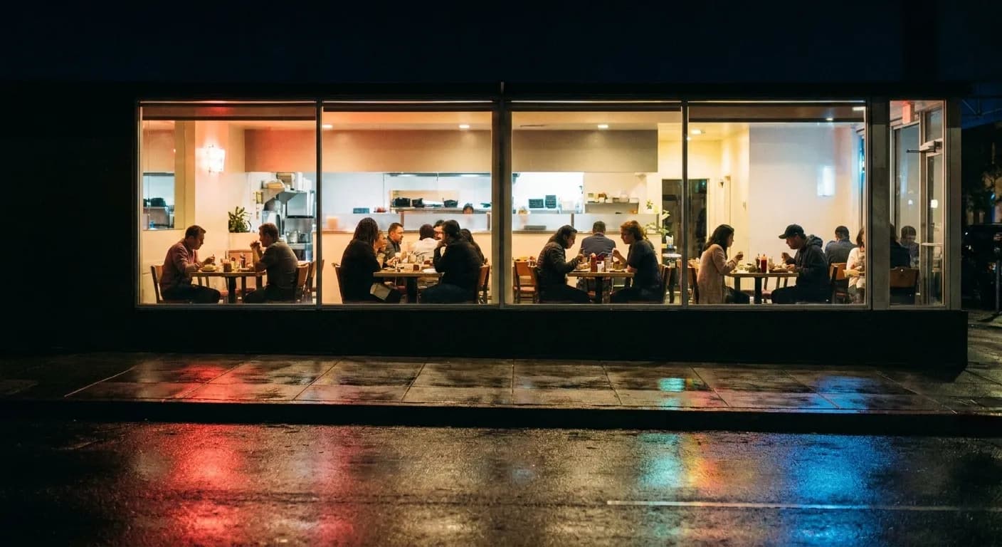 A late-night restaurant interior seen from the street through glass, a handful of people at tables under bright light with dark empty pavement in the foreground