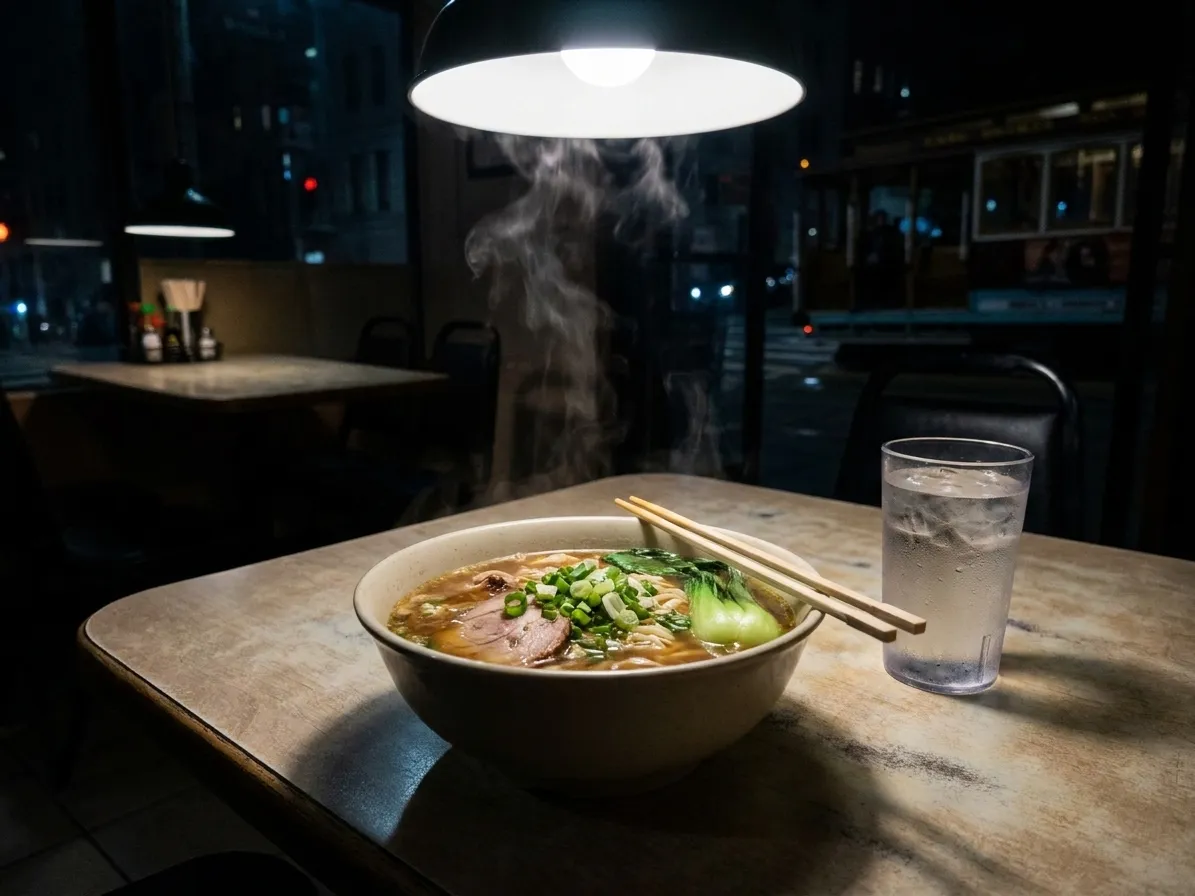 A steaming bowl of noodle soup on a laminate table under a single bright pendant light late at night, chopsticks across the rim and a sweating glass of water beside it