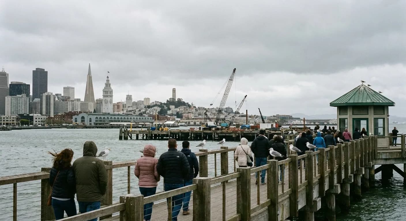 A crowded San Francisco waterfront promenade at midday with visitors walking along the railing
