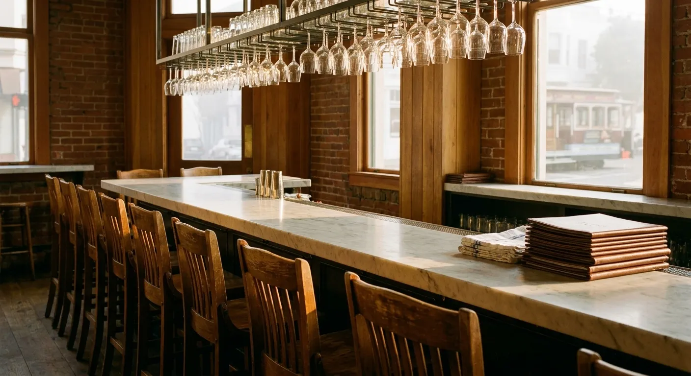 Empty stools along a restaurant bar counter before service with glassware racked above