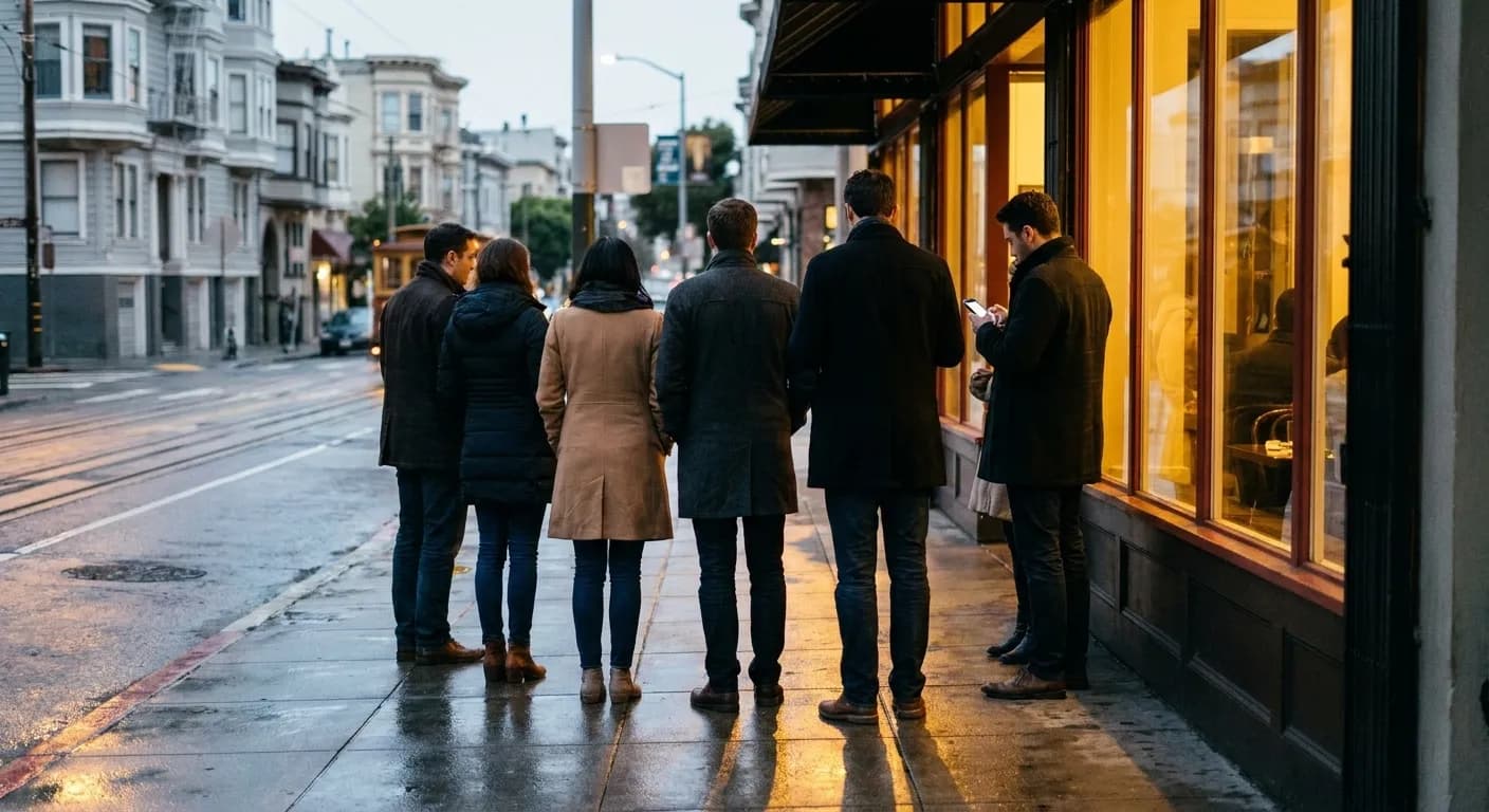 A small group waiting on the pavement outside a San Francisco restaurant in the early evening