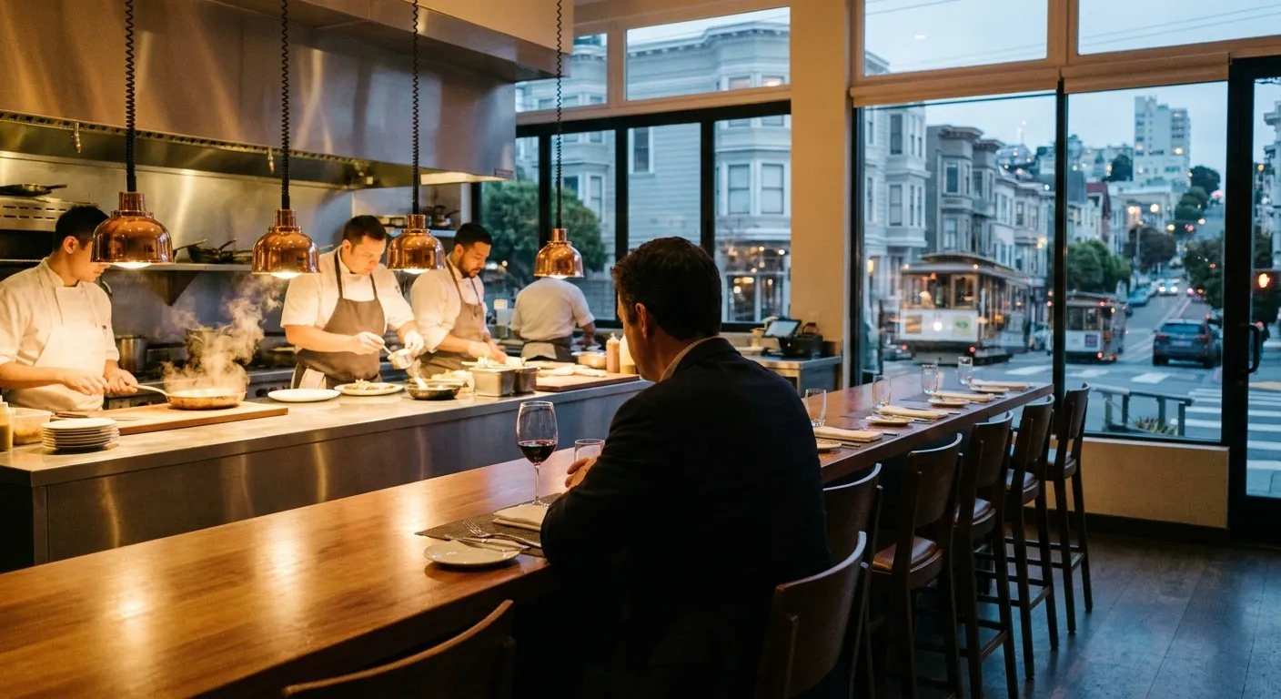 A single place setting at a restaurant counter facing an open kitchen, one stool occupied and warm light from the cooking line beyond