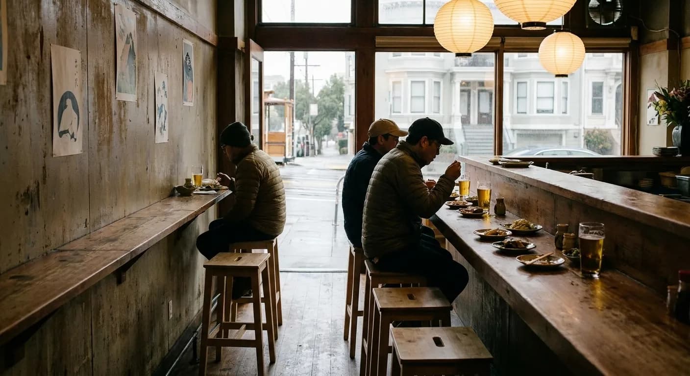 A narrow izakaya-style room with a long wooden counter and single stools, three people seated at intervals with small plates and beer glasses, paper lanterns and warm low light