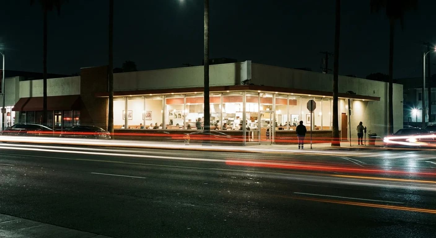A neon-lit restaurant window on a dark boulevard with cars passing
