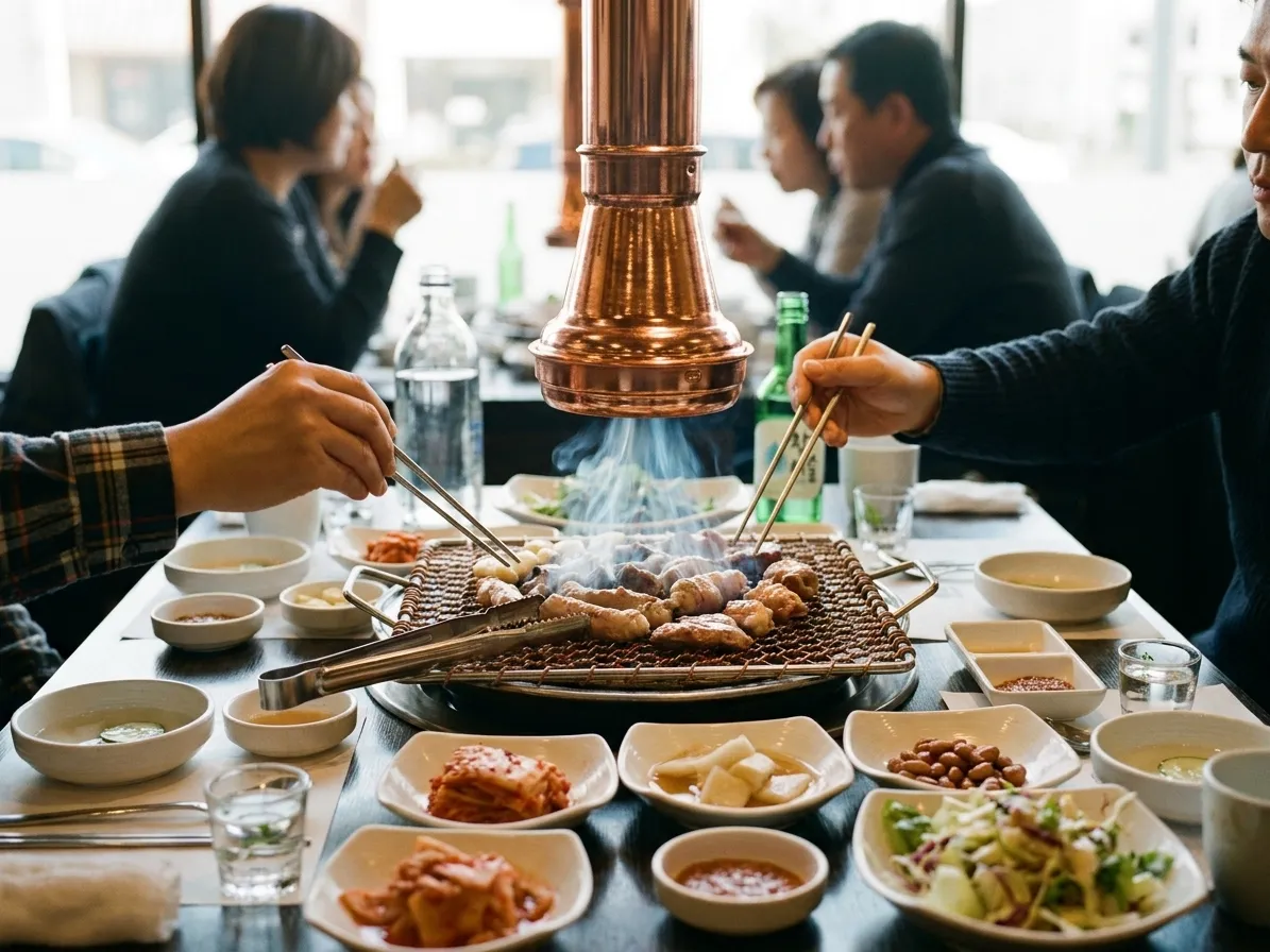 A tabletop grill and side dishes at a Korean barbecue restaurant late at night