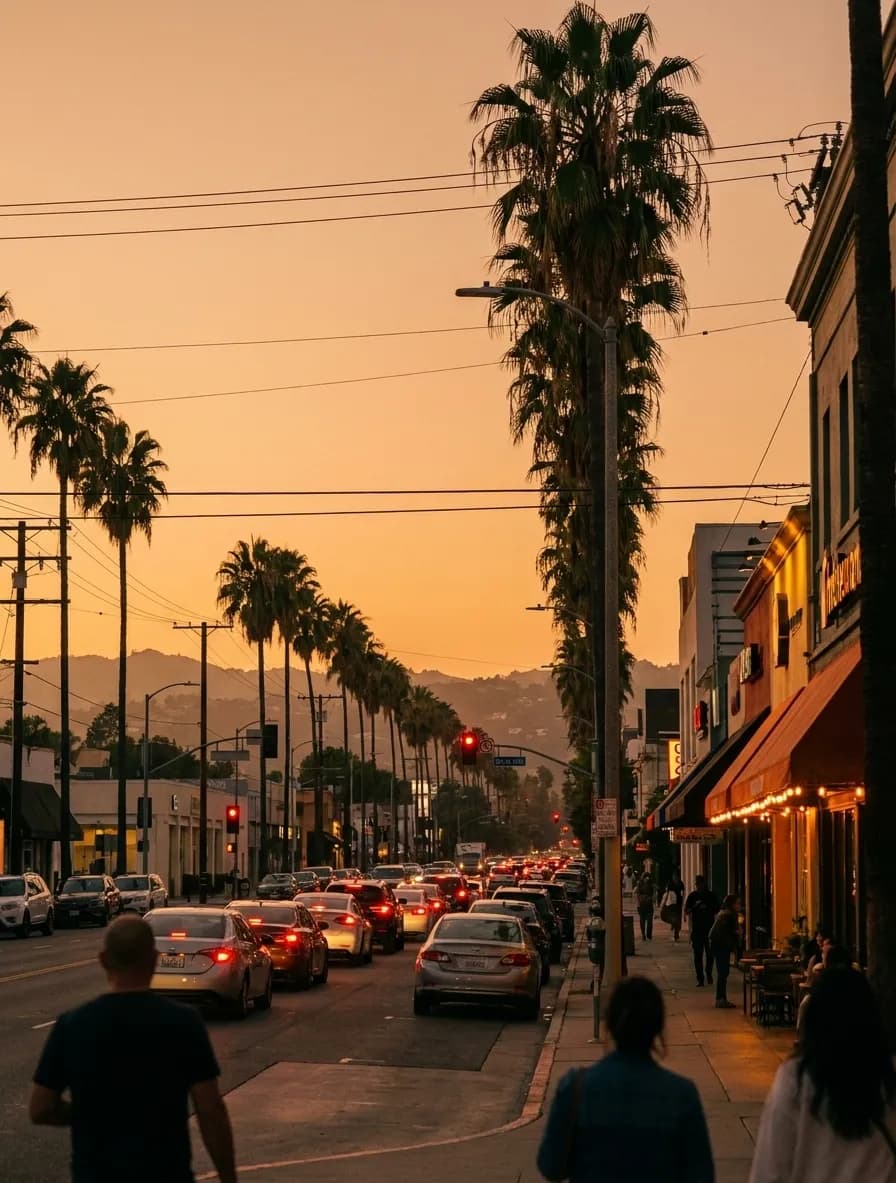 A palm-lined boulevard at dusk with restaurant signs lit along one side