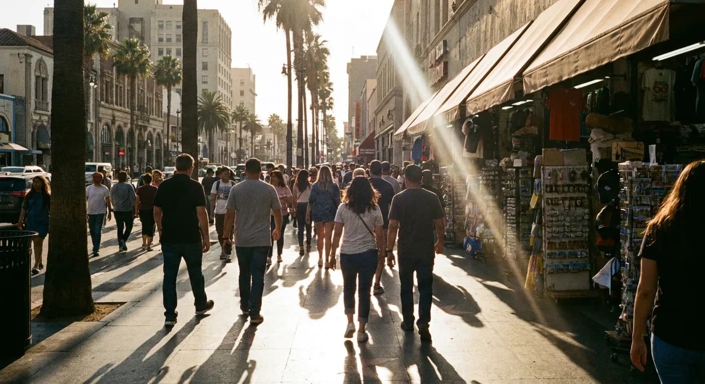 A crowded pedestrian stretch of a Los Angeles boulevard in the late afternoon with souvenir storefronts