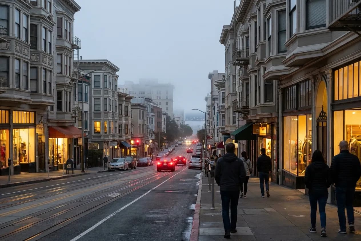 A city street at dusk with tail lights and lit shopfronts receding into fog