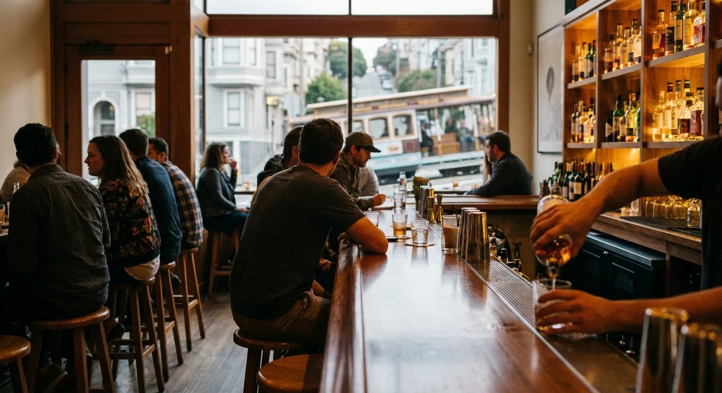 A small San Francisco bar filling up in the early evening, patrons at the counter and bottles backlit behind