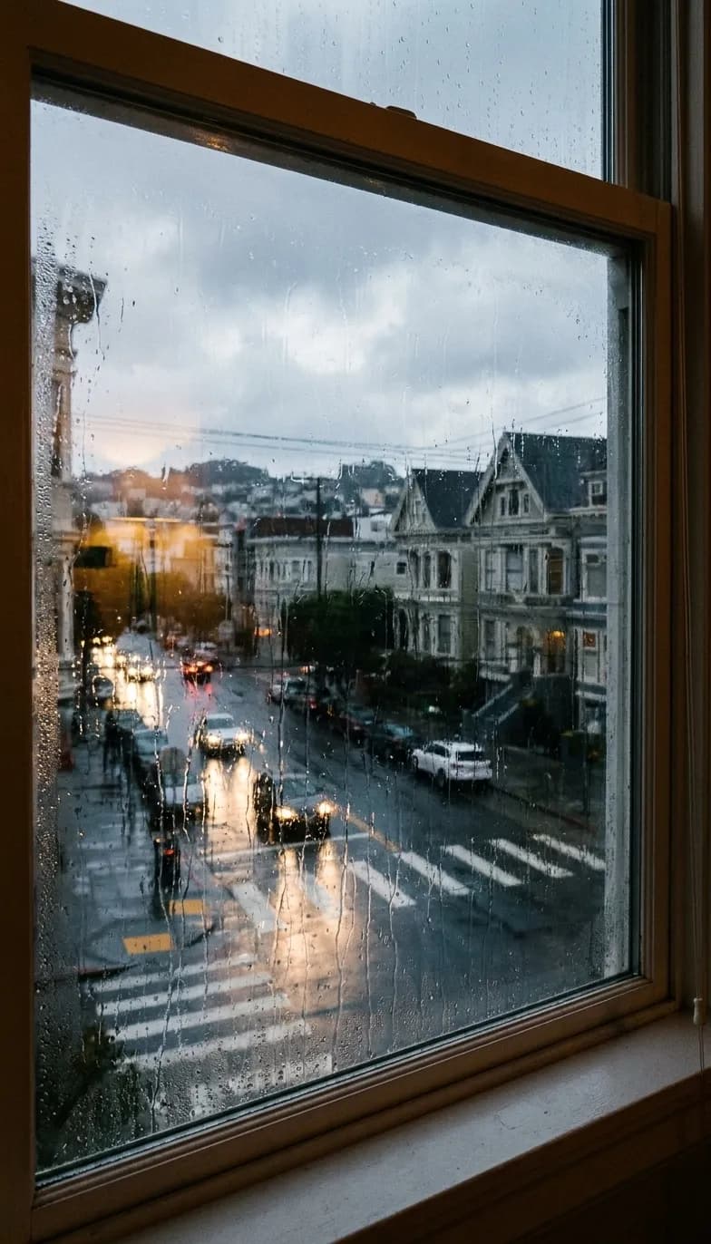 Rain running down a window with a blurred lit street beyond it