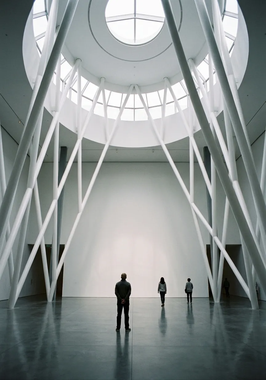 Visitors moving through a quiet museum gallery on a grey San Francisco afternoon