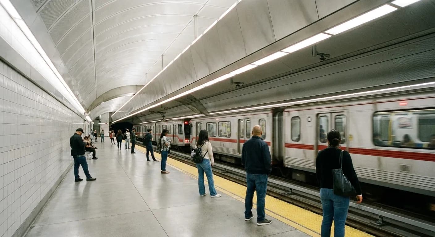 A Metro train arriving at an underground platform, passengers waiting along the platform edge under bright ceiling lights