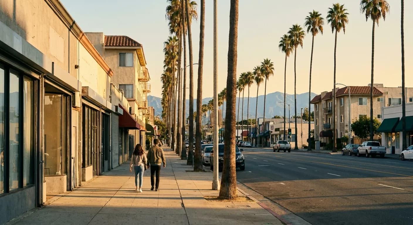 A wide Los Angeles boulevard sidewalk in late afternoon sun with tall palm trees casting long shadows, low-rise storefronts and two people walking away from camera