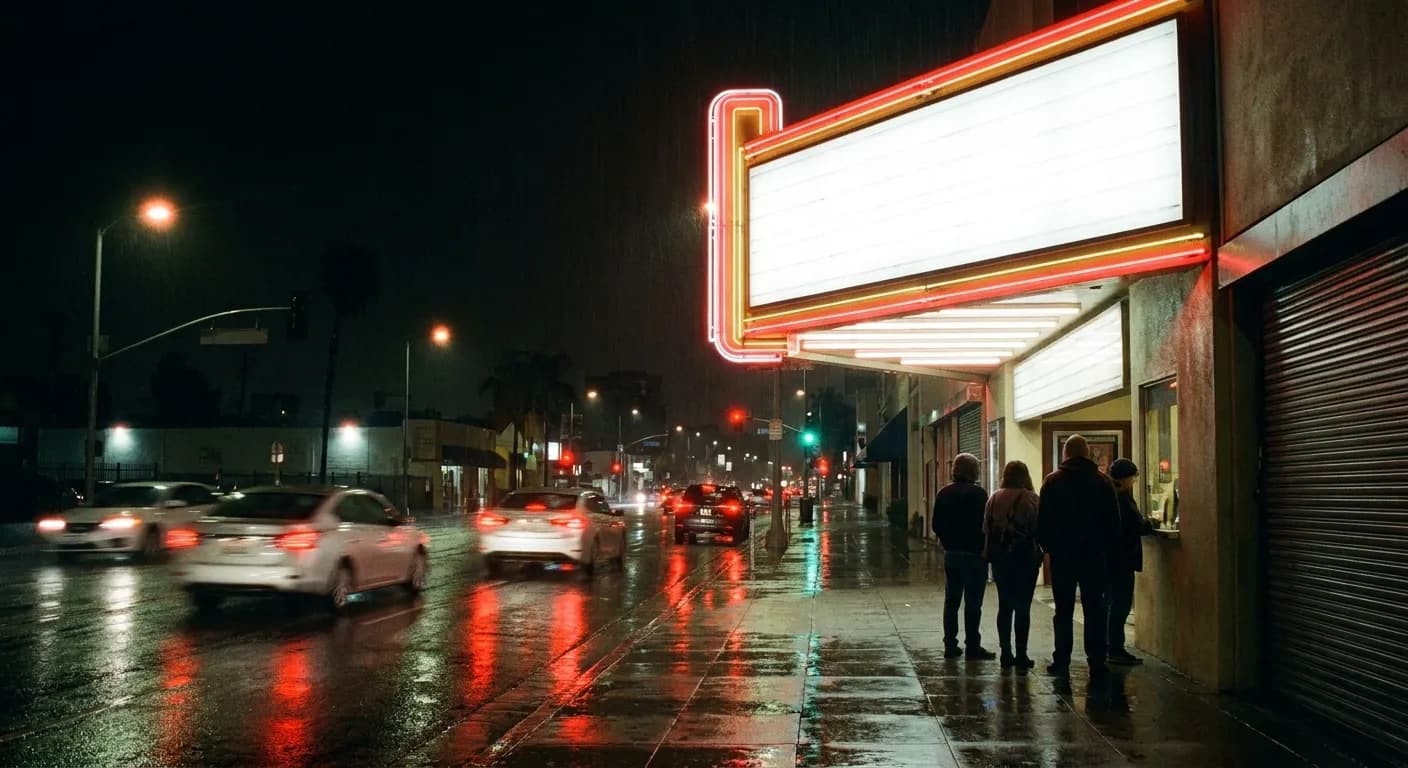 The illuminated marquee of an old single-screen cinema in Los Angeles at night with the sidewalk wet and reflective