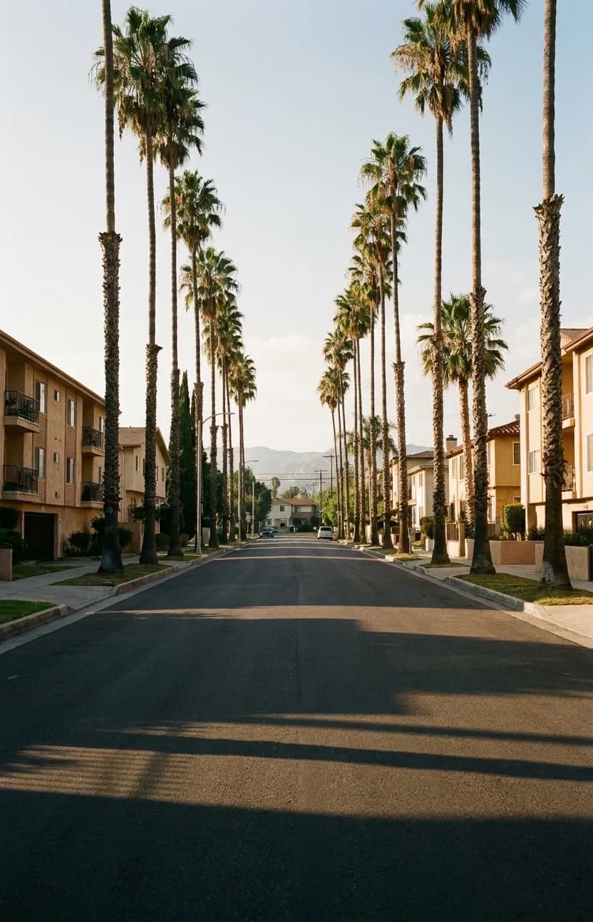 A quiet residential street lined with palms in late afternoon light