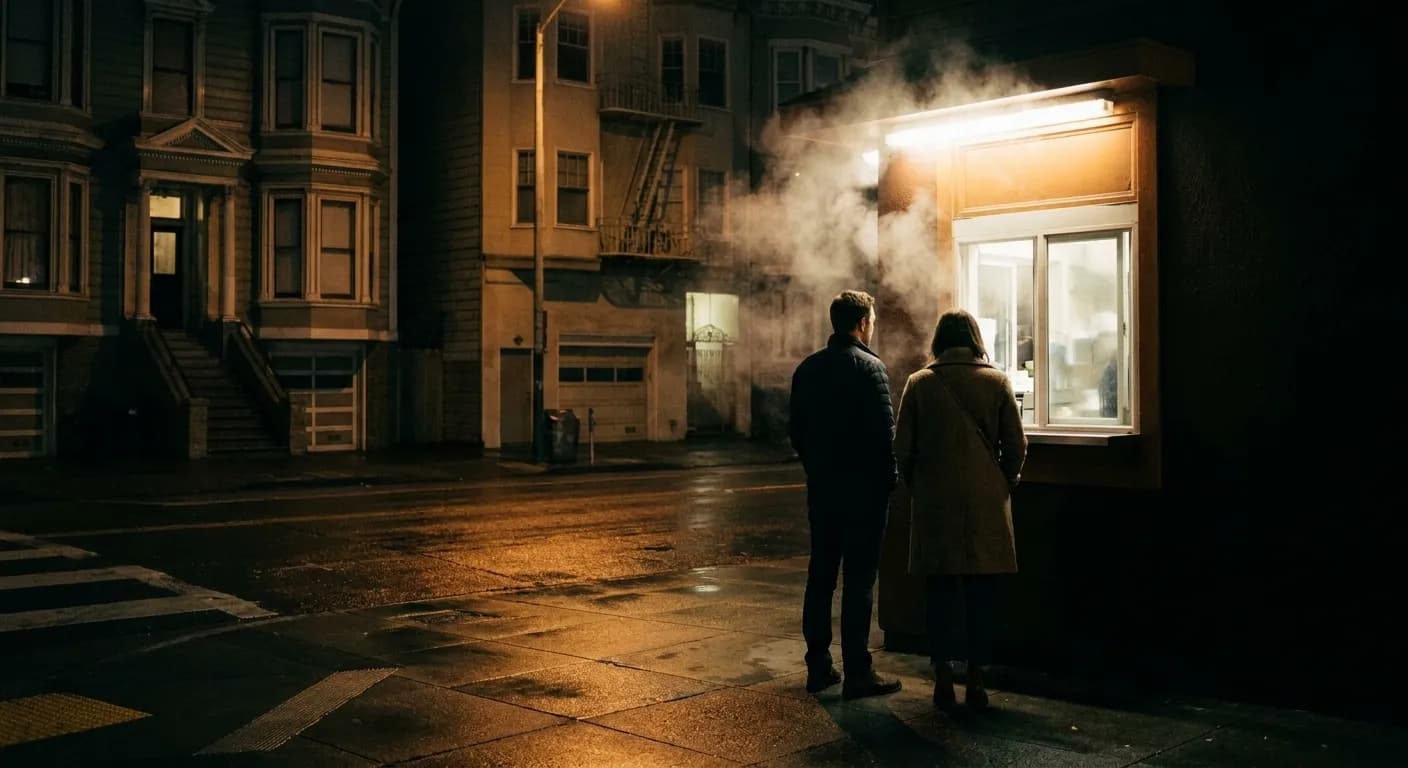 A lit takeaway window on a dark San Francisco street after midnight with two people waiting outside