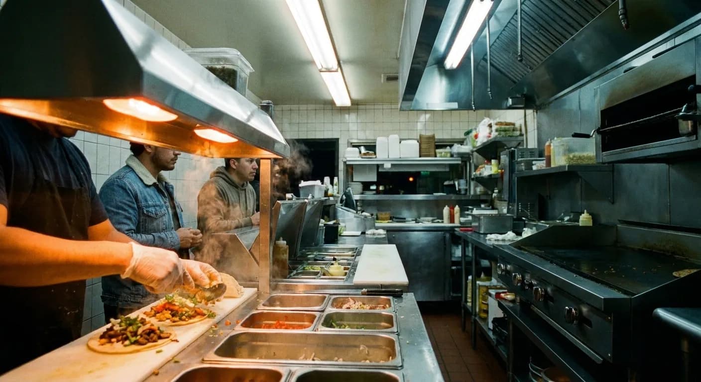 A cook assembling an order under the heat lamp at a late-night San Francisco taqueria counter