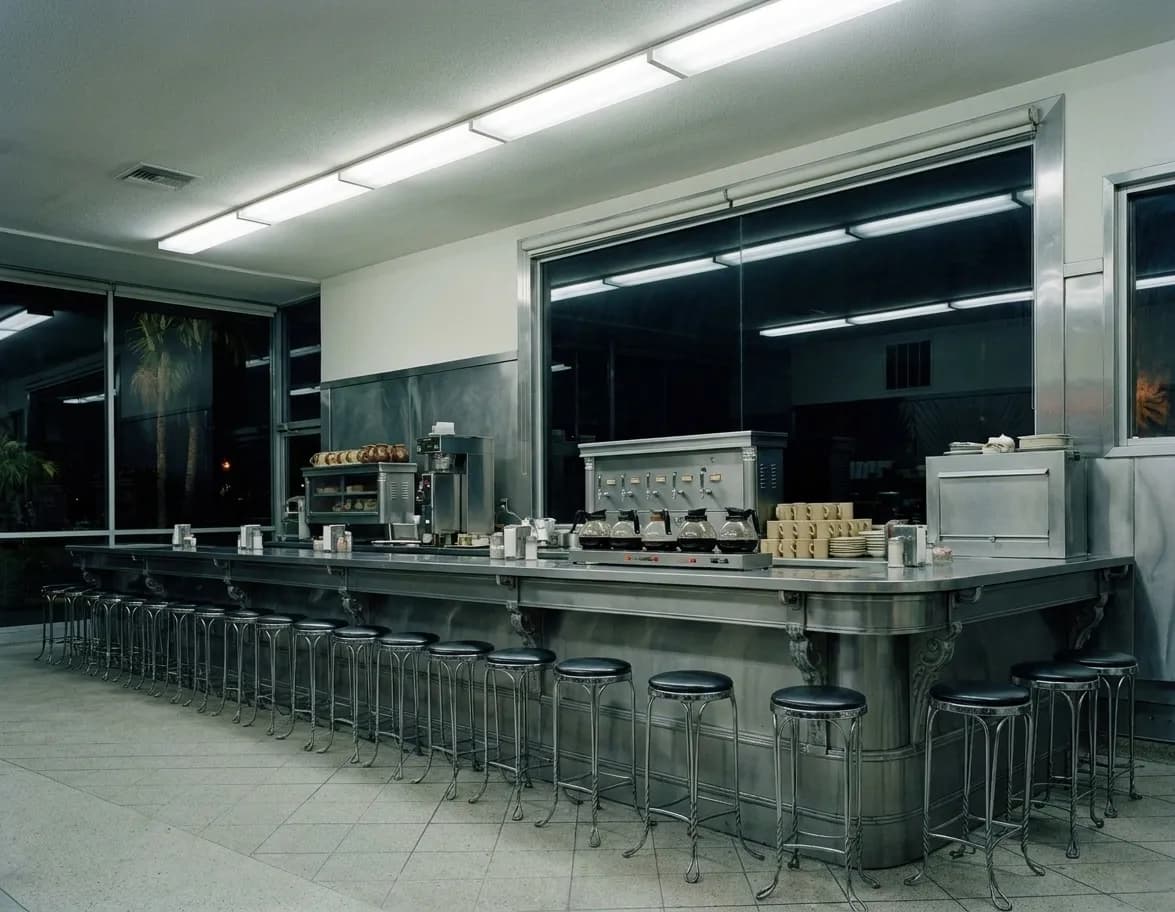 An all-night diner counter under fluorescent light with empty stools