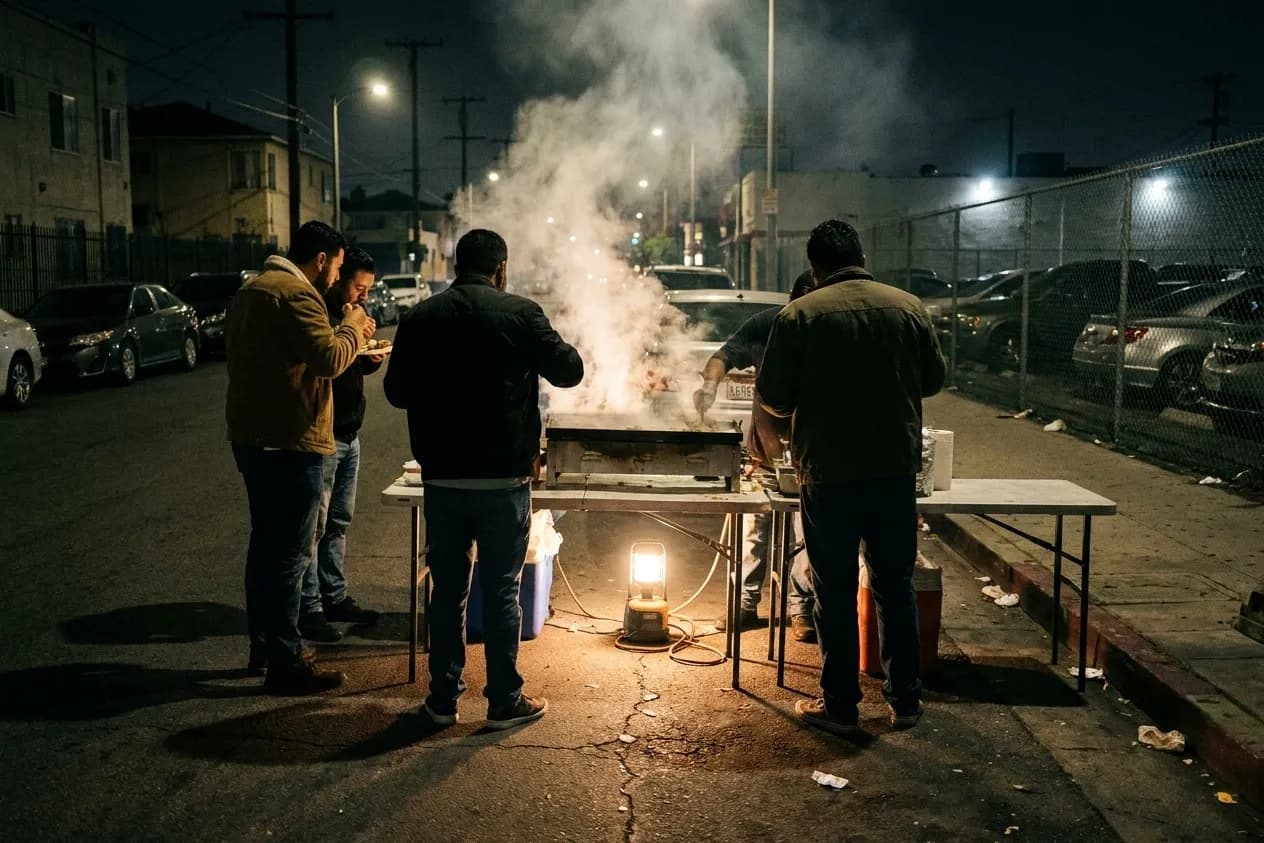 A pavement taco setup on a dark Los Angeles street after midnight with customers standing and eating