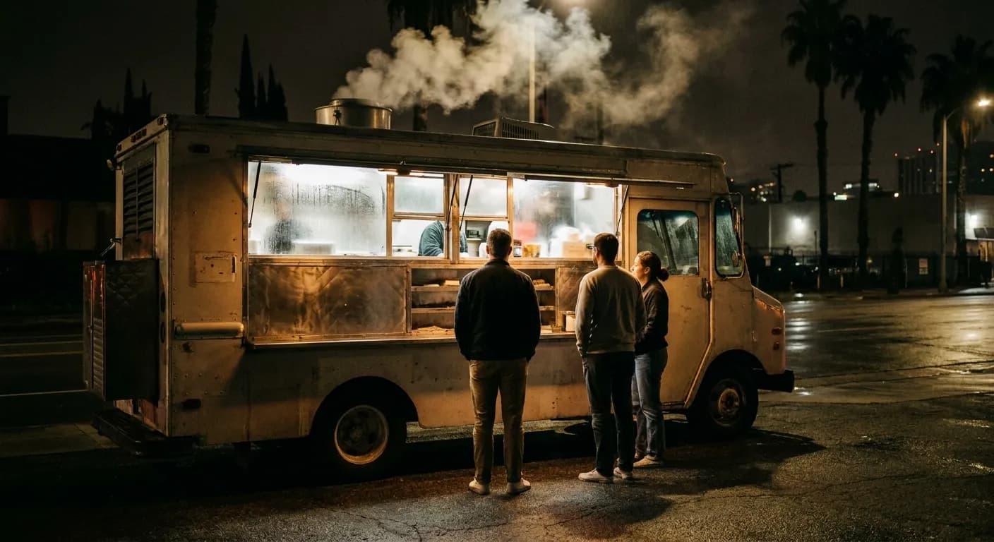 A lit food truck window at night with steam rising and a short queue waiting