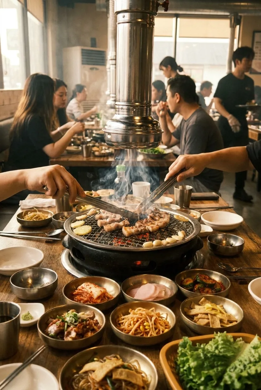 A tabletop Korean barbecue grill with meat cooking over coals and a ring of small side dishes