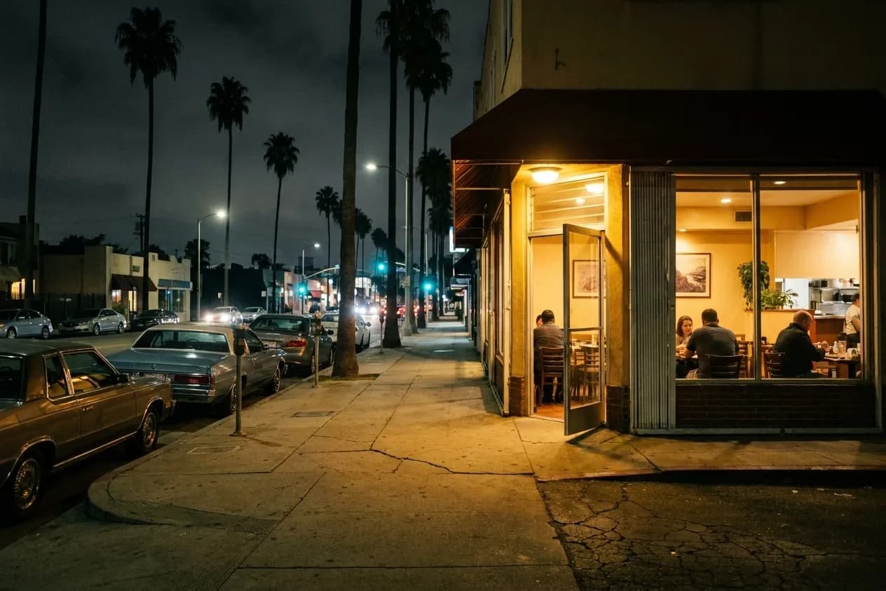 A neon-lit restaurant frontage on an empty street after midnight