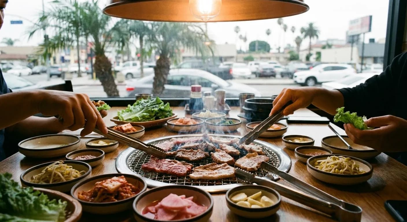 Meat cooking on a grill set into a restaurant table with side dishes crowded around