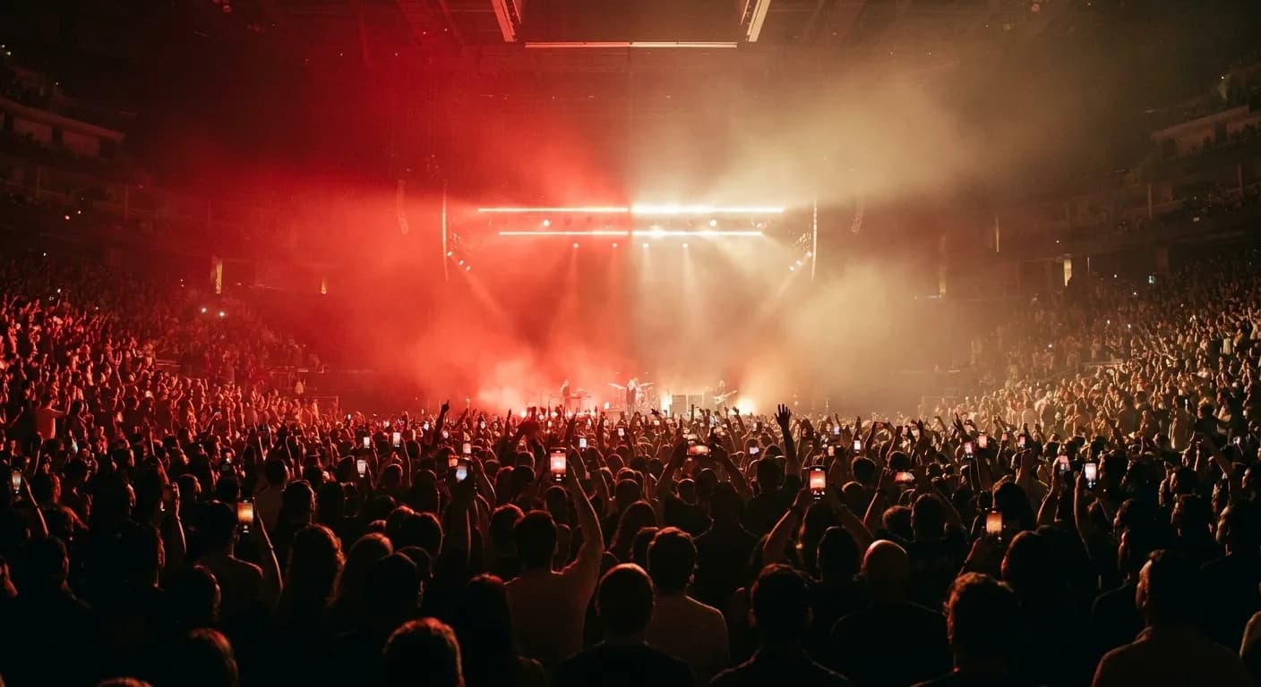 A crowd silhouetted in front of a lit stage at an indoor arena