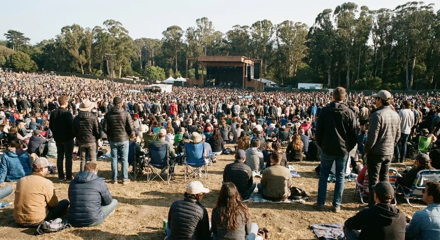A festival crowd on parkland in San Francisco in flat afternoon light with a distant stage and sound towers