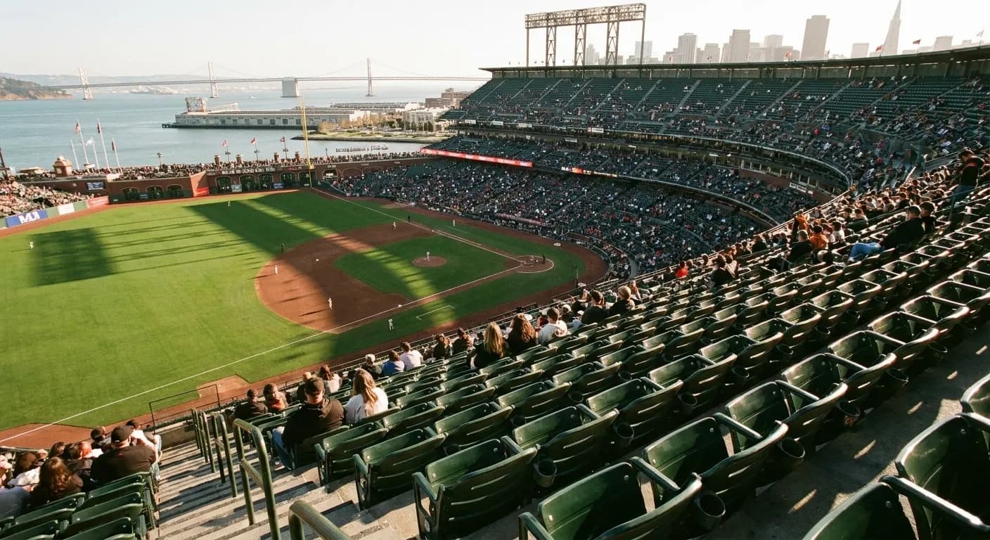 A baseball stadium seen from a high upper-deck seat in late afternoon, the bay visible beyond the outfield and a partly filled crowd below