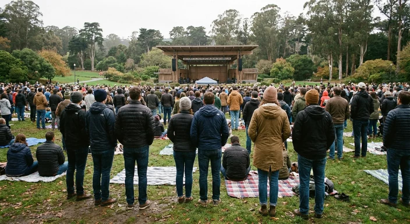 A crowd gathered on grass in a park in front of a stage on an overcast afternoon