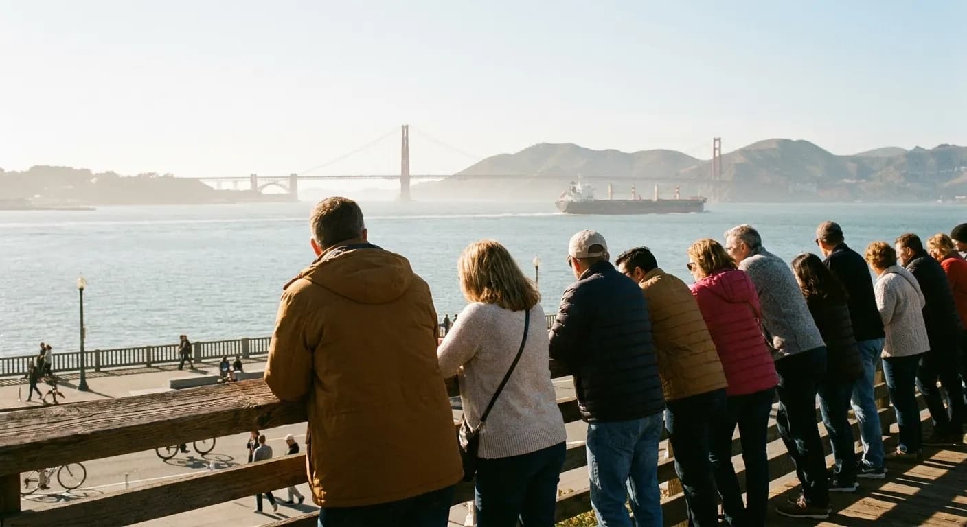 Spectators lined along the San Francisco waterfront on a clear autumn day looking out over the bay