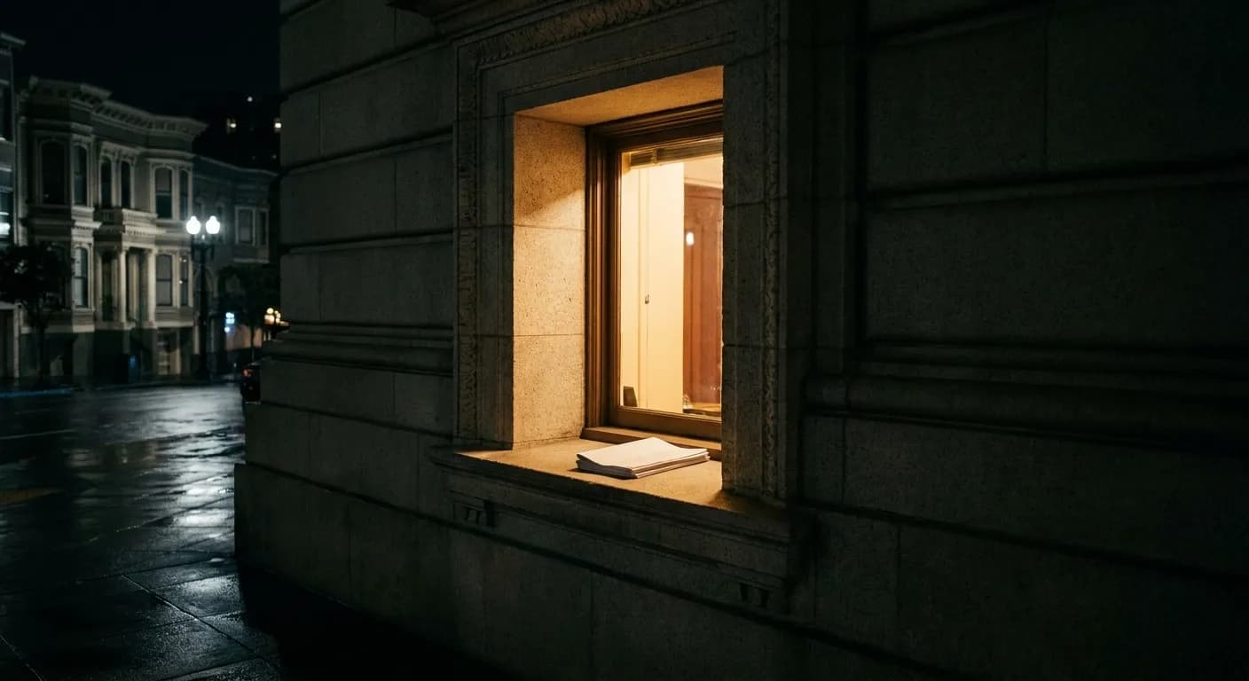 A theatre box office window lit from inside at night